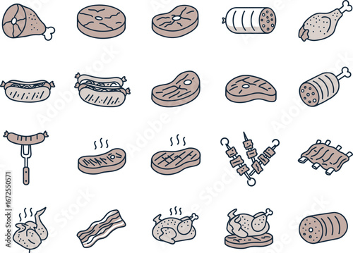 Diverse meat products and barbecue icon set, including beef, chicken, pork, sausages, and steaks, for food and restaurant designs, isolated on white, modern flat vector illustration