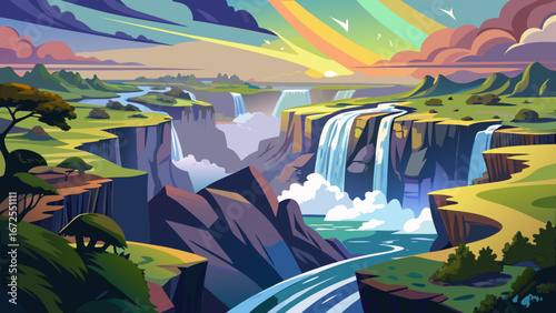 Victoria Falls, Zimbabwe, thunders powerfully into the gorge below. Mist rises dramatically, rainbows shimmer above, and the world’s wonder reveals Africa’s breathtaking combination of raw force and s