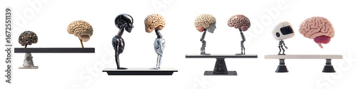 Set of ai vs Human, concept. Seesaw with AI and human brain. 3D rendering isolated on transparent background