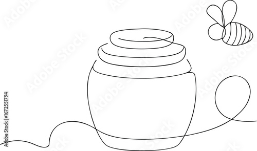 realistic continuous one line drawing of honey pot eps on white background