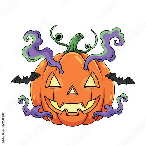 Spooky Halloween Pumpkin With Glowing Face Bats And Purple Smoke Cartoon Illustration