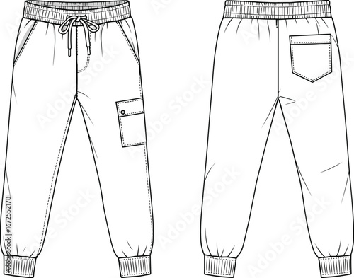 Technical flat sketch of sweatpants with cargo pocket, drawstring waist, and ribbed cuffs, shown in front and back views for fashion design