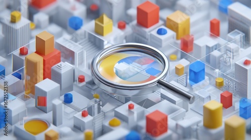 Abstract city with magnifying glass