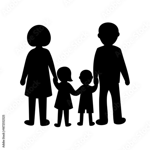 Silhouette of a family, parents holding hands with their two children