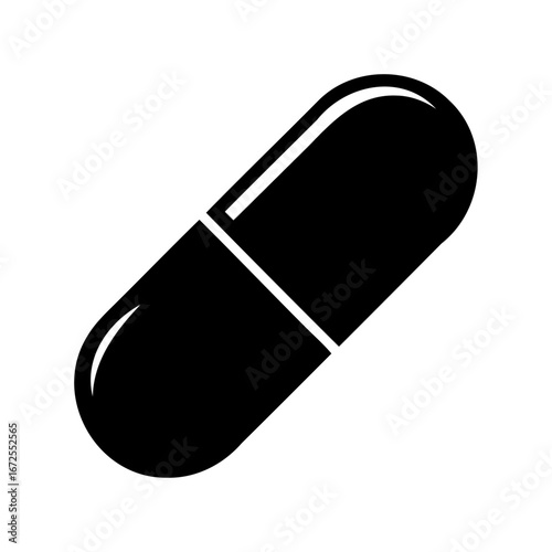 Single black pill capsule isolated on white background for health concept