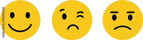 A flat vector illustration of a happy, winking, and angry face emoji set, perfect for expressing feelings, feedback, or mood