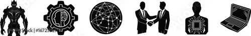 Black and White Business Technology Icons Representing Artificial Intelligence and Human Connection
