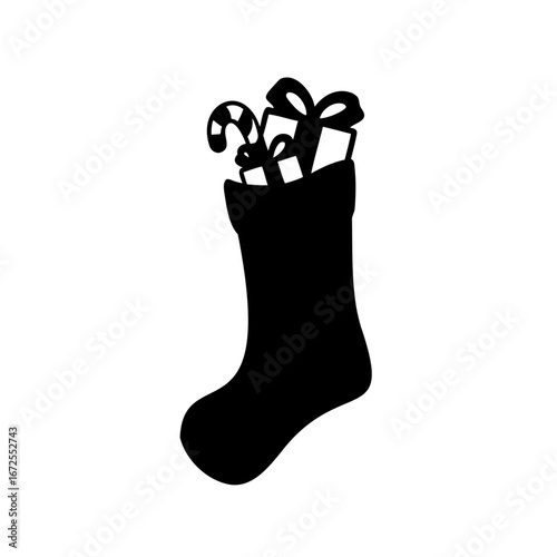 A black silhouette illustration of a Christmas stocking filled with gifts