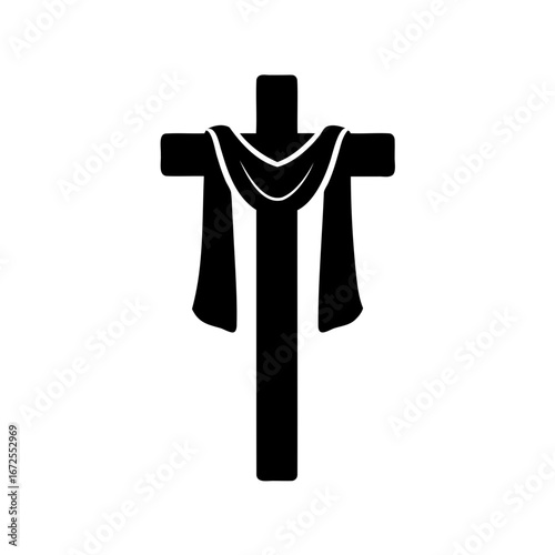 Icon of a simple black cross with draped cloth, minimalistic illustration