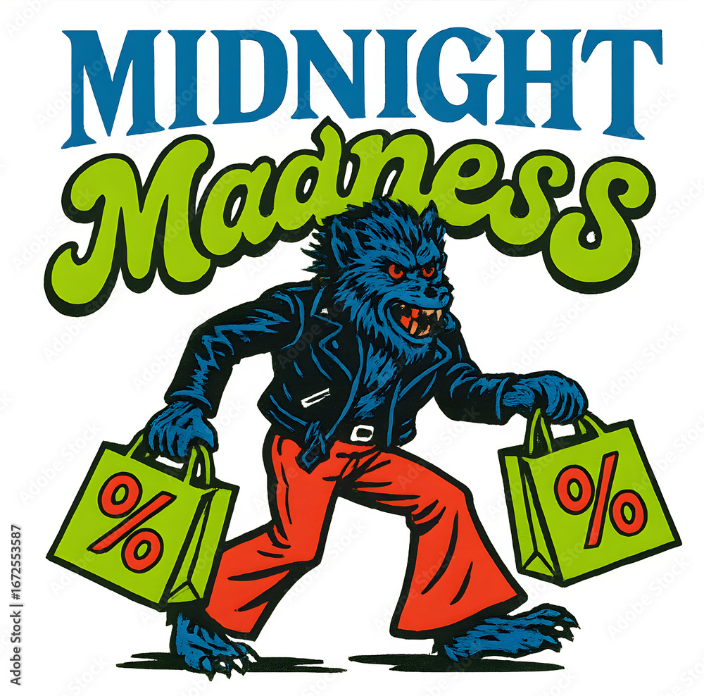 Fototapeta premium The monster is holding two green shopping bags with a green