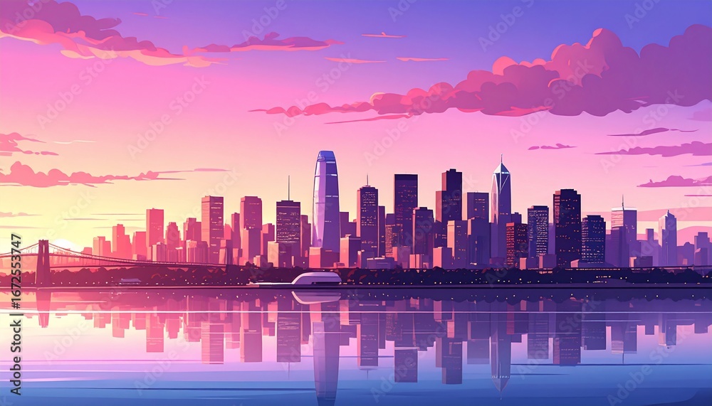 Obraz premium Pink Cityscape Sunset Reflection