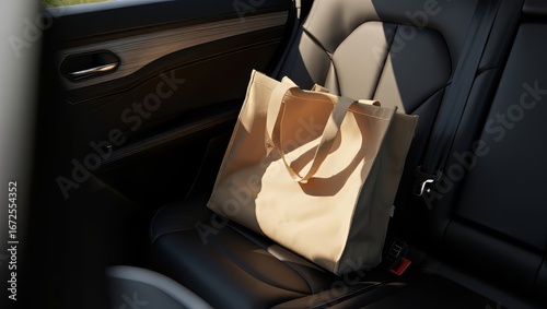 Paper bag with food in the back seat of a car during the day