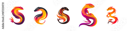 Collection of 2D illustration of a minimalistic salamander logo with fiery colors isolated on transparent background
