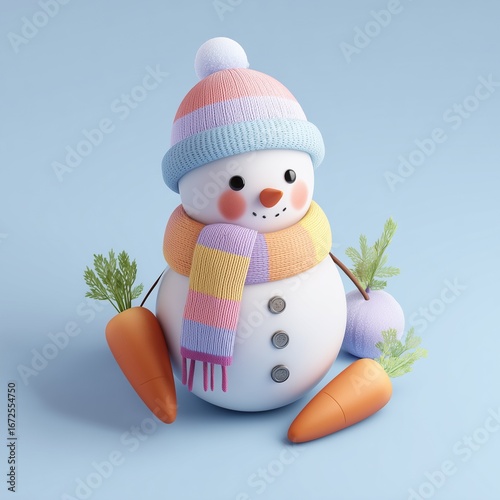 Adorable winter illustration of a cute 3D snowman character wearing a colorful pastel hat and scarf, a cheerful concept for the holiday season