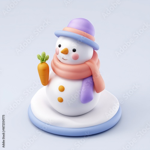 A charming 3D rendering of a cute clay snowman character wearing a pastel hat and scarf, cheerfully holding a carrot for a festive winter celebration