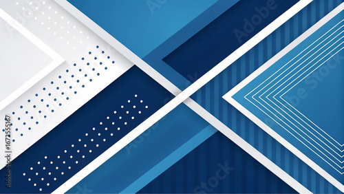Modern abstract geometric blue and white background with diagonal lines and dots
