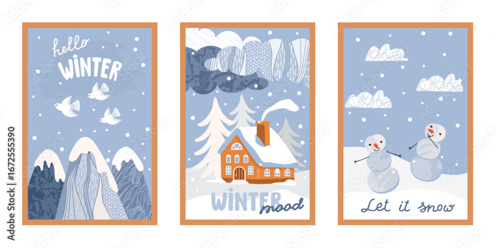 Fototapeta premium Hello winter card set with house, snowy mountains, flying birds, clouds, snowmen, trees, snowfall, hand written. Cartoon objects with textures. Blue, white, brown colors. Vector flat illustrations.