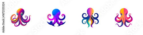 Set of 2D illustration of a minimalistic octopus logo with flat colors isolated on transparent background