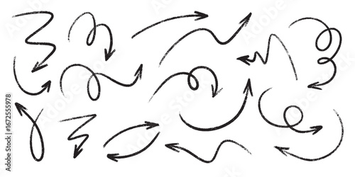 Crayon arrow set with rough texture - zigzag and looped, wavy and curved directional markers for creative design. Hand sketched black pointers on white bg for navigation, presentation or infographic.
