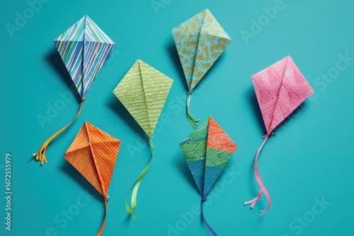 Colorful paper kites in various designs on a vibrant background
