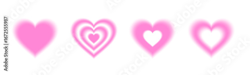 Pink y2k aura heart shapes with soft blur gradient for romantic design and trendy aesthetics. Glowing love symbols with blurry forms on white for Valentine day cards or digital decoration.
