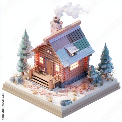Cozy Log Cabin in Winter Wonderland A Serene Isometric Scene