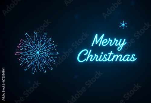 Neon Christmas Banner with Glowing Script and Firework Design Festive Holiday Greeting Featuring Blue and Pink Light Effects Modern Seasonal Scene on Dark Background with Radiant Typography