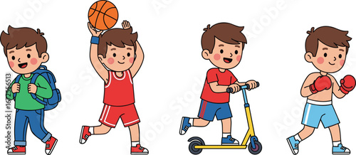 Cartoon boys in action, sports and play, walking, running, scootering, boxing, physical activity, kids movement, energetic illustration, fun scene