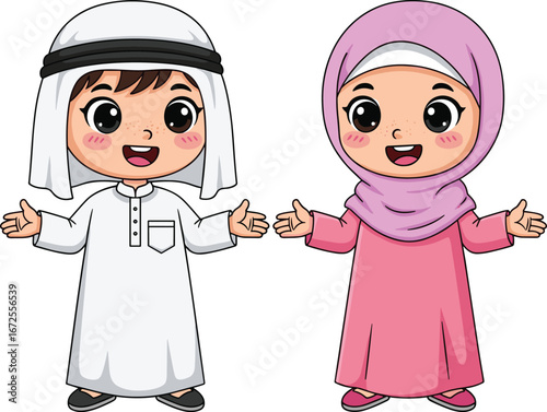 Cartoon children in Middle Eastern dress, cultural illustration, traditional clothing, cheerful kids, hijab and thobe, ethnic attire, happy pose, unity, celebration
