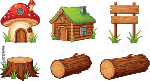 Forest, cartoon, mushroom house, log cabin, tree stump, wooden sign, nature, woodland, illustration, fantasy, cute, rustic, outdoor, grass, log, bark, whimsical, game asset, storytelling, environment