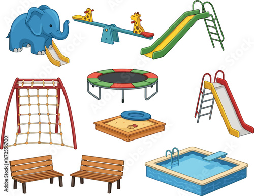 Playground equipment, cartoon style, kids slide, trampoline, sandbox, climbing net, swimming pool, seesaw, outdoor fun, park recreation, colorful icons