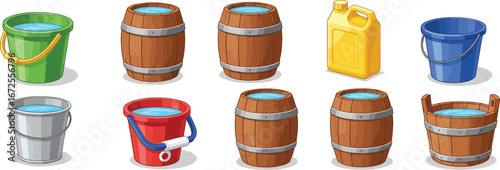 Water container, bucket, barrel, jerry can, metal, plastic, wooden, filled, liquid, storage, utility, comparison, design, illustration, hydration, household, cartoon, colorful, inventory, vessel