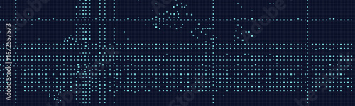 Futuristic digital grid pattern with blue dots on dark background.