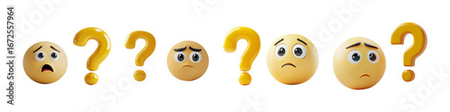 Set of yellow emoji with a confused expression and a question mark next to it isolated on transparent background