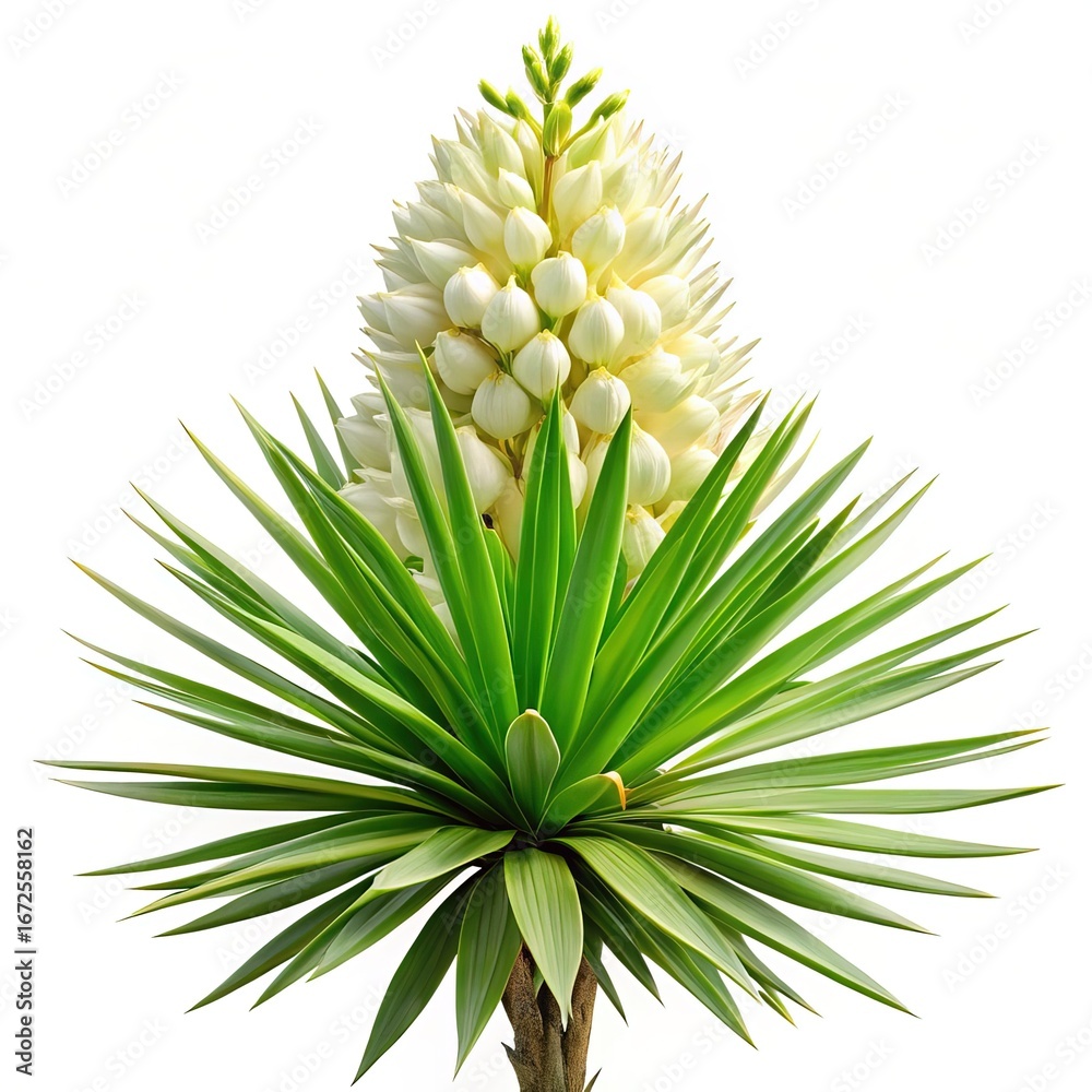 Fototapeta premium A stunning yucca plant in full bloom set against a bright white backdrop