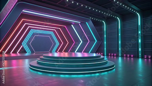 Futuristic neon stage with hexagonal tunnel and circular platform