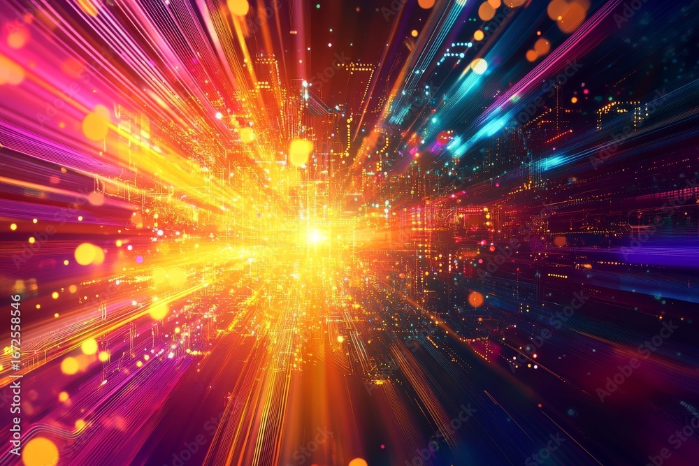 Obraz premium Geometric grid network visualization is characterized by vibrant paint splashes and data connectivity nodes