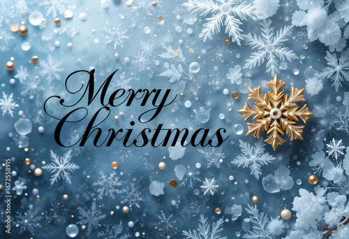 Snowflake Christmas Banner with Gold Accents on Blue Background Elegant Holiday Greeting Featuring Cursive Text and Decorative Spheres Festive Winter Design with White, Translucent, and Golden Element