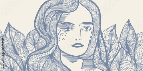 Abstract geometric background with hand drawn woman face, portrait drawn in simple hand drawn style, vector illustration.