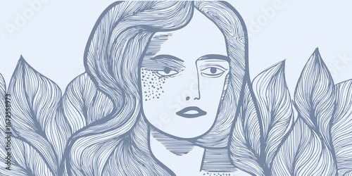 Abstract geometric background with hand drawn woman face, portrait drawn in simple hand drawn style, vector illustration.