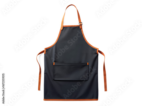 Black fabric apron with orange trim and a pocket, isolated on transparent background