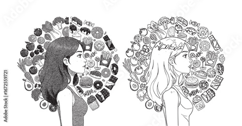 Dual Profiles of a Woman Representing Healthy and Unhealthy Food Lifestyle Choices