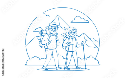 Elderly couple enjoying an active outdoor adventure, hiking in the mountains