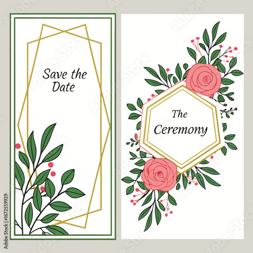 Wedding invitation design with floral elements and geometric frames save the date