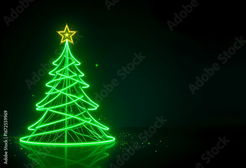 Glowing Green Christmas Tree Banner with Light Lines and Star Modern Holiday Design on Dark Background with Particle Effects Stylized Seasonal Greeting Featuring Circular Base and Sparkles
