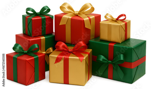 A stack of presents with red, green, and gold ribbons
