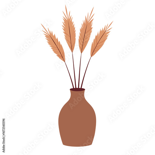 Aesthetic dried pampas grass in bohemian vase on white background.eps