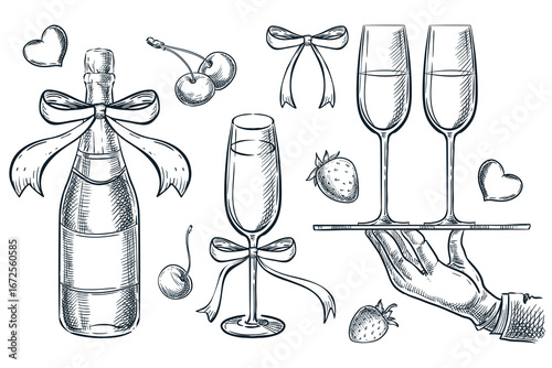 Vector sketch illustration with champagne, bow, glass, waiter tray. Holiday design elements for party, invitation, menu