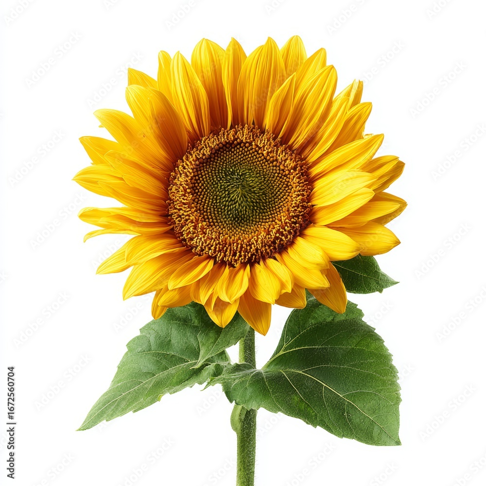 Obraz premium A single sunflower standing tall with its radiant yellow petals and detailed brown center, symbolizing joy and natural beauty. The sunflower's green leaves showcase the harmony between colors 