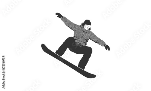 Stylized Black and White Illustration of a Snowboarder in Mid-Air Performing a Dynamic Trick